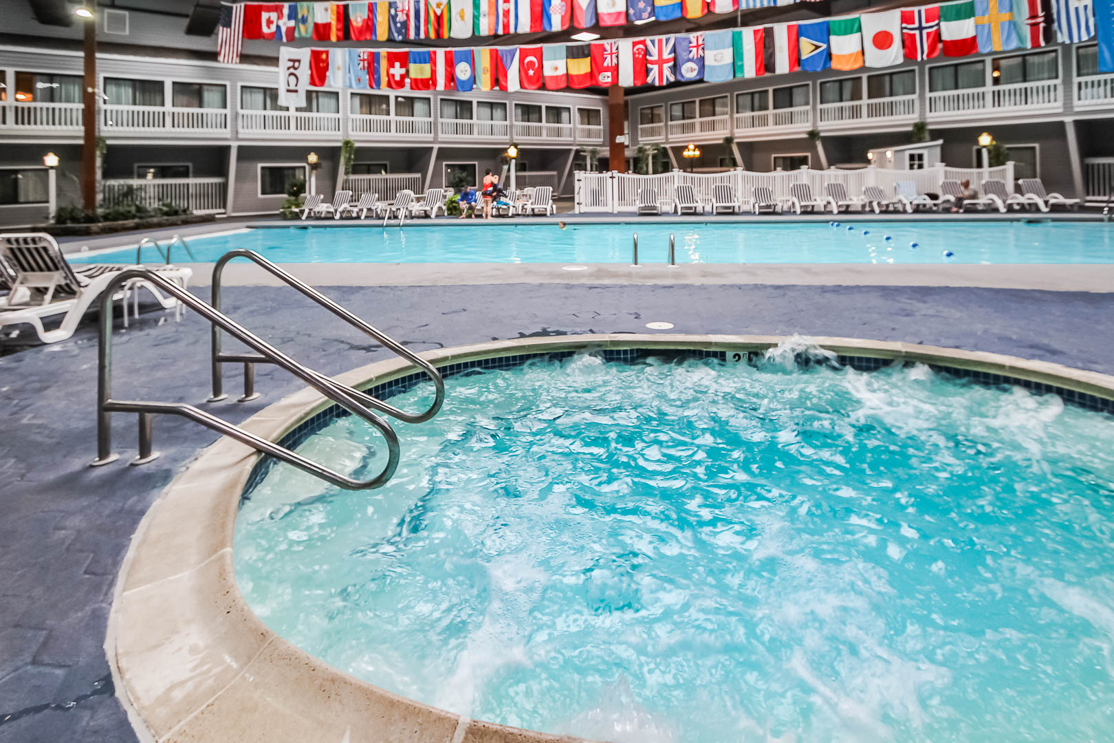 A peaceful indoor swimming pool and jacuzzi at VRI's The Cove at Yarmouth in Massachusetts.